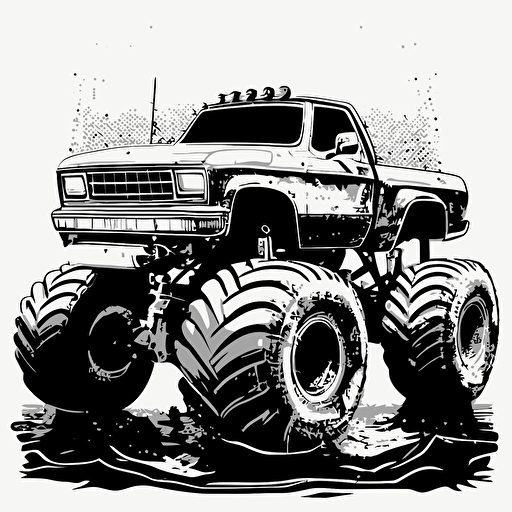 black and white Big Foot monster truck parked on crushed 1980's cars, vector clip art style undetailed