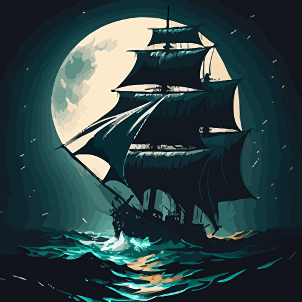 sloop at night in rough seas with a huge moon, vector style