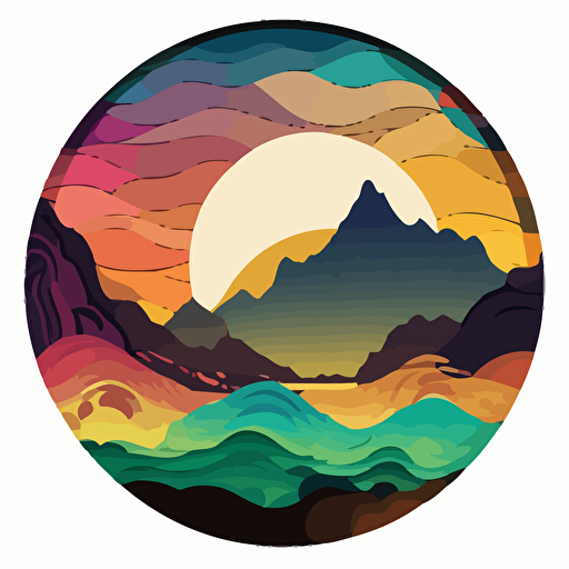 flat vector art of a soft wave in front of rounded mountains in the silhouette of a circle. Mountains are far in the distance. Feeling is happy. 5 colors.