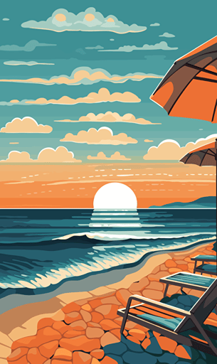 beach with greek element, sky, orange and blue, vector art style,