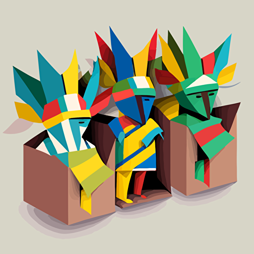 illustration of rio carnival costumes that are stuffed and packed in open boxes. made with a vector based minimalist cartoon style, on a flat grey background, in a front facing angle