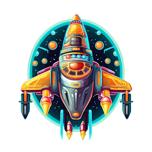 a space ship seen from above, colorful, vector art, cartoon, background should be solid black
