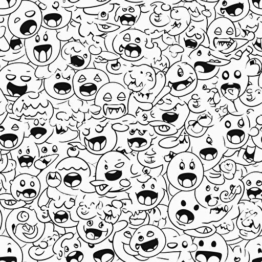 a seamless pattern of laughing emojis cartoon, vector art, white background, black outline,