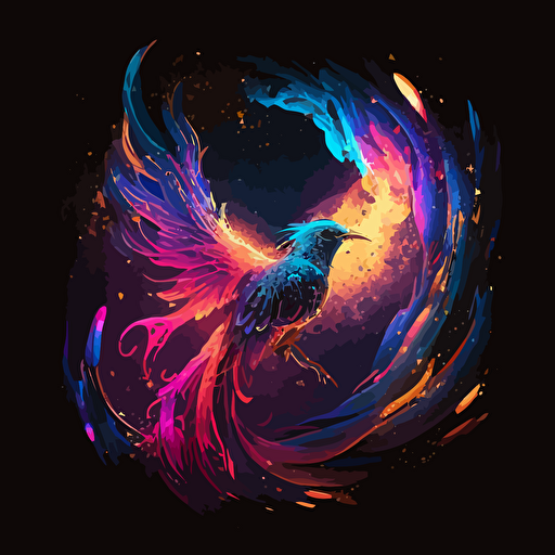 neon pink and blue phoenix rebirthing from the ashes galaxy stars vector illustration consciousness golden light black