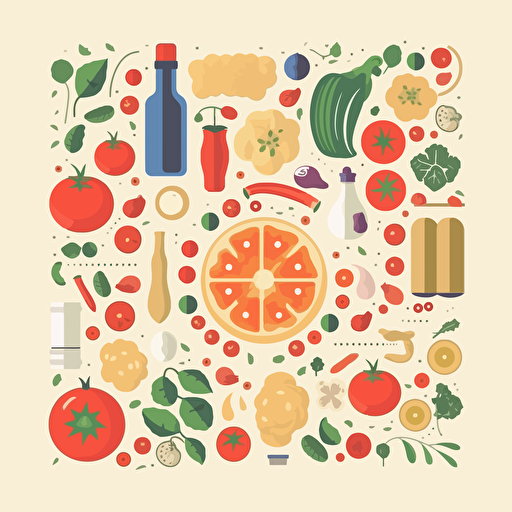 one color flat illustration of pizza ingredients on white background, vector art, no outline, pastel colors