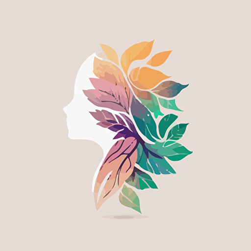 Abstract modern minimalist design symmetrical vector logo for a blockchain startup made up of light pastel earthy tones gradient where elements of nature like leaves make up the side profile of a human face with a white background