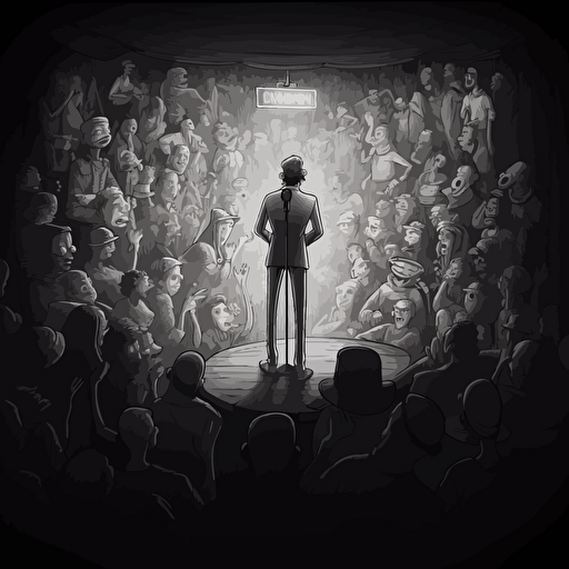 Stand up comedy show. Point of view from the presenter behind microphone. Audience are humanoid animals. Black and white, dark, moody, vector, unreal engine, ultra detailed