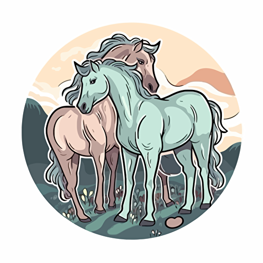 horses, Sticker, Adorable, Soft Color, mural art style, Contour, Vector, White Background, Detailed