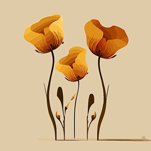 3 golden poppies, minimalist, cartoon art, vector, no backround