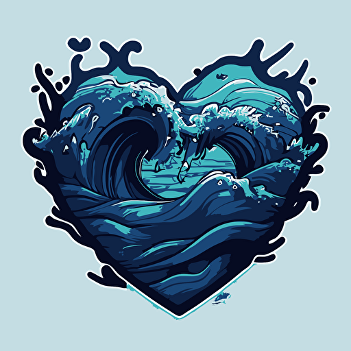 drawed blue heart surrounded by water waves pixar style, 2d flat design, vector, cut sticker