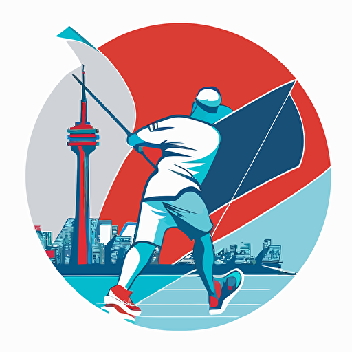 a flat vector logo of of a golfer swinging, the left side of the background is the CN Tower and the right side of the background is Niagara, blue and red colors, no text