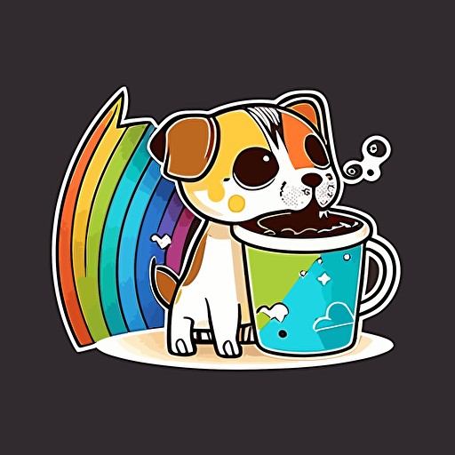 jack russel drink coffe, colourfull lineart kawaii style , vector illustration, minimalist style, vivid background, picture, well composed , No dither, strong outline, –ar 9:11 –v 5
