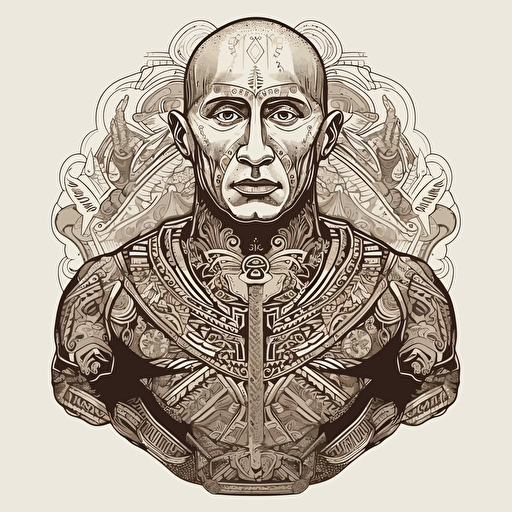 Putin, torso, vector, highly detailed, gritty tatoos aztec style