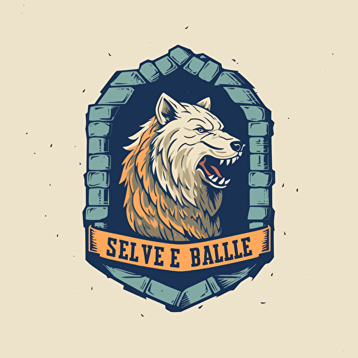 simple vector logo, beer keg and wolf head, brewery, old stone wall behind
