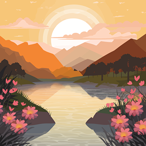 vector illustration of a peaceful river, flowers in front, trees along the bank, and the sun setting over mountains in the distance