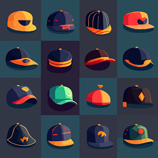 a collection of simple minimalistic cartoon vector illustration hats in different basic styles on a dark solid color background
