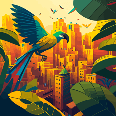 ILLUSTRATION OF THE GOLDEN CITY FOR A CHILDRENS BOOK, IN THE STYLE OF genndy tartakovsky. GOLDEN CITY, RAIN FORREST, PARROTS FLYING, JUNGLE, ADVENTURE SCENE, EXPLORE, HIGH CAMERA VIEW. gOLDEN HOUR. VECTOR ILLUSTRATION