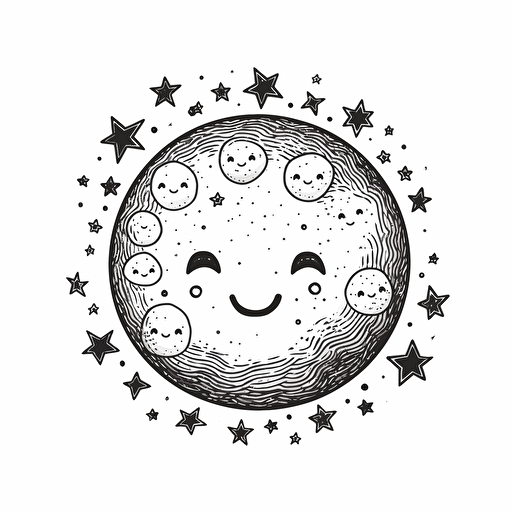 kawaii vector moon phase design with stars line drawing super detailed on white background
