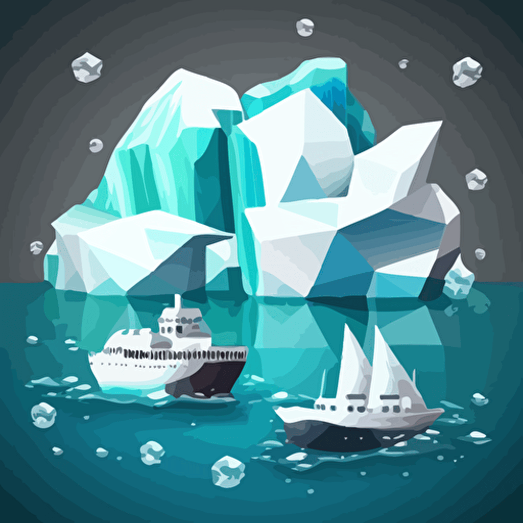 Multiple icebergs, one sinking ship from hitting an iceberg, another ship with a hexagon logo on it, in the ocean, vector image