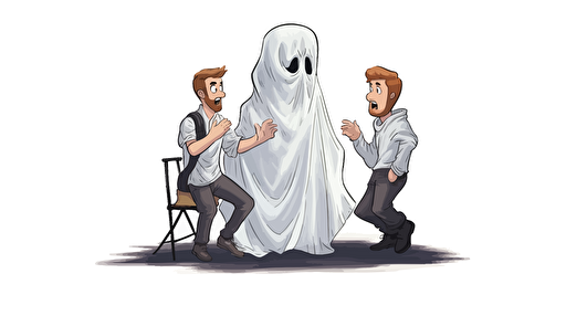 three guys making a movie. ghost in the sell style. vector style over white.