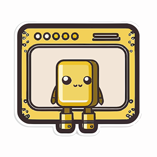 vector sticker design, transparent background, cute cartoon kawaii style, rectangle wide border with rounded edging yellow backdrop, small robot head in lower right hand corner