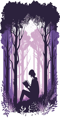 a person reading through a book, forest background, vector, flat art, simple, minimalistic, light purples, white background, insightful