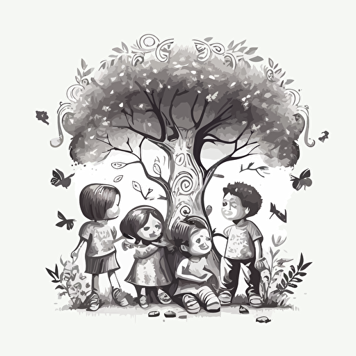 Black and white vector illustration of three little boys and one little girl laughing around a magical tree