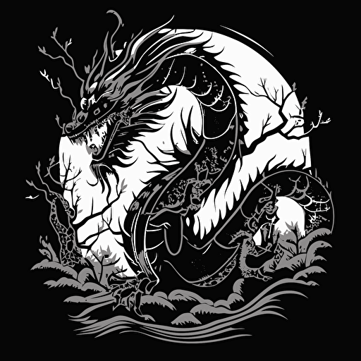 authentic japanese dragon, simplified vector style, black and white