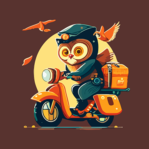 happy owl delivers on a motorcycle, flat style, picture, cartoon, vector