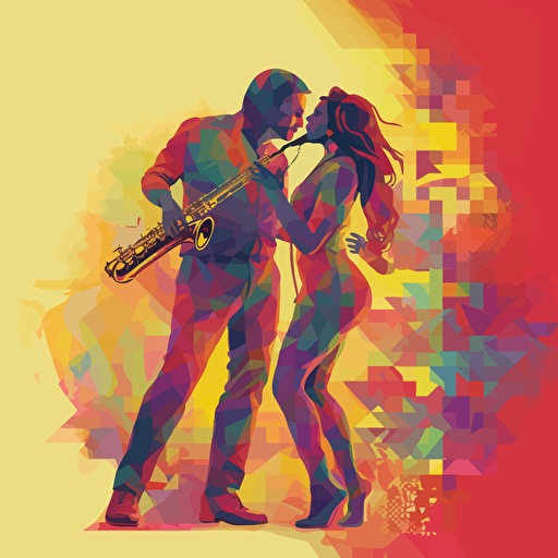 Vector illustration of a man playing the saxophone in vivid colors with a background of couple dancing