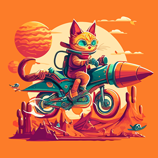 Vector art of a cat riding a bike with rocket boosters, simple vector illustration, Adobe Illustrator,