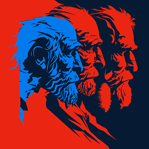 4 elder, Malevolent, Introspection, red color, blue background, simple design, vector style, white outline over silhouette