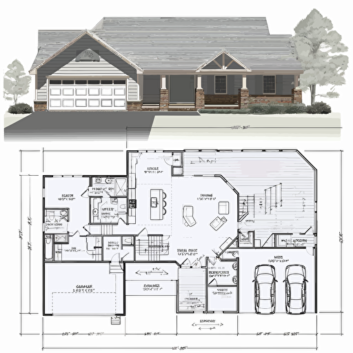single family home floor plan CAD, 2D,, simple vector drawing, 3 bedroom, 2 bath, 2 car garage, covered rear porch