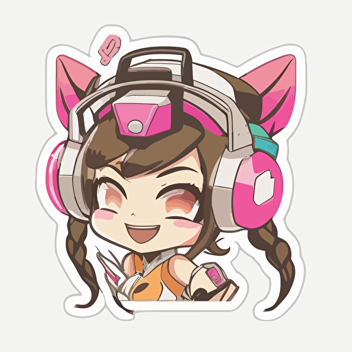 sticker, Overwatch, Happy D.Va chibi wearing Headohones, kawaii, contour, vector, white background