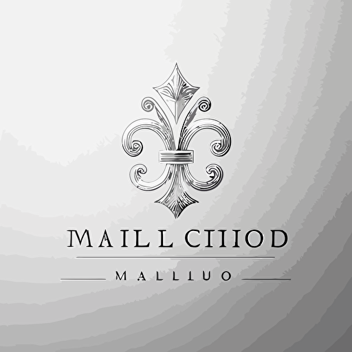Logo for a law firm called "Marco Tulio" with capital letters, a simple clean logo, white background, with a fleur de-lys, silver colour, single-line balance logo, vector logo
