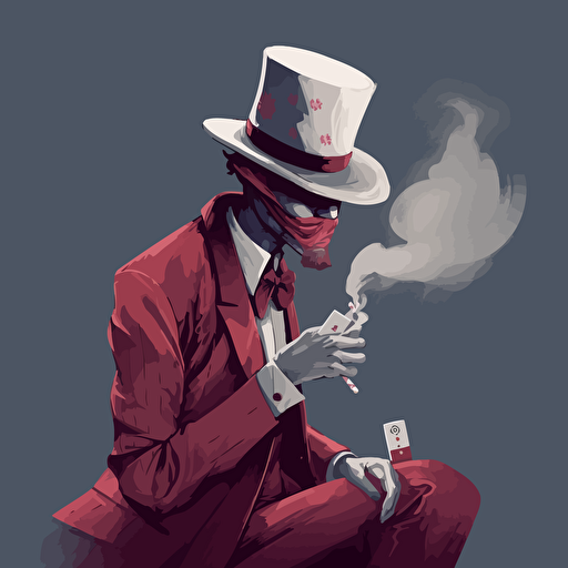 concept art, vector, gambler, holding a deck of cards, wearing a hat, fancy suit, smoking a cigarette