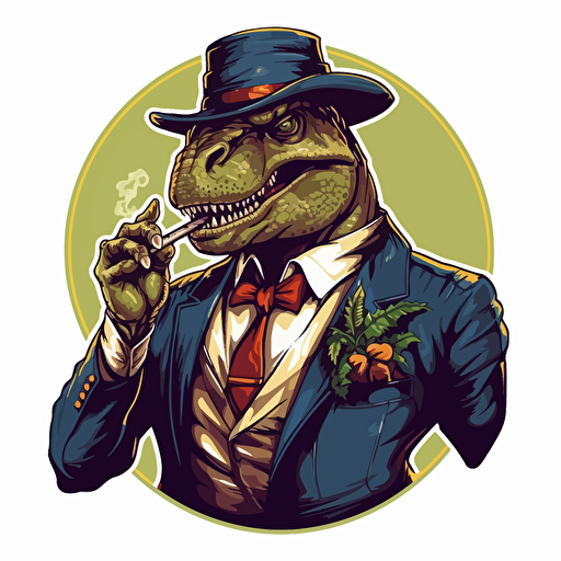 T-rex smoking a cigar wearing a suit, big colour design, on blank white background, vector art, 2d