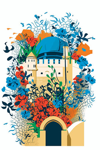 Jerusalem and all its historical and modern cultural features with the Western Wall and the Windmill, everything is made like a bouquet of flowers, one color, only one color in the work, vector illustration, illustrator