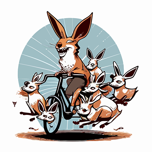 adorable jackalope on a tricycle fleeing from a pack of angry dogs, head on perspective, vector logo, vector art, emblem, simple cartoon, 2d, no text, white background