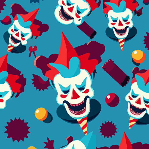 a scary clown seamless pattern using scary circus items in a simple vector style with highly saturated colours