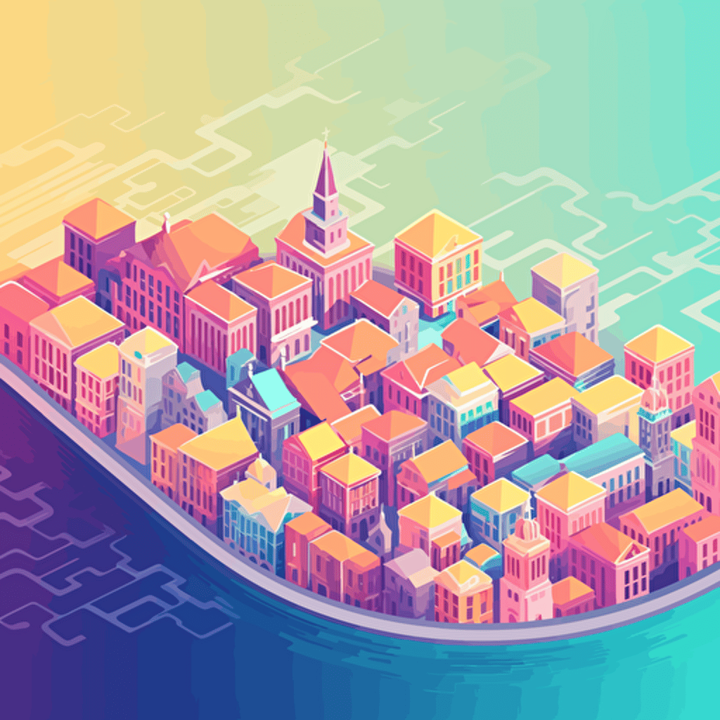 European city, Crypto, vector, video game, gradient