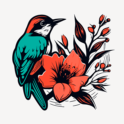 simple 2 color vector logo of a bird and a flower