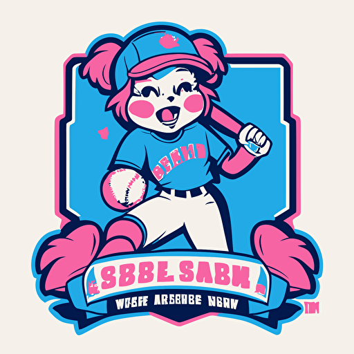 a mascot logo for a girls Softball team, using blue and pink, simple, vector