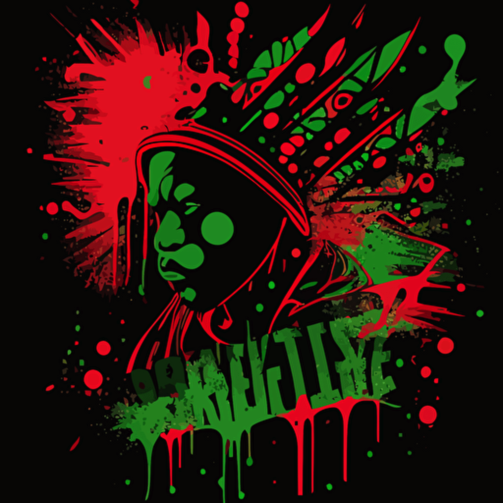 spray splatts in a tribe called quest cover style, red and green on black background, vector illustrated, flat design