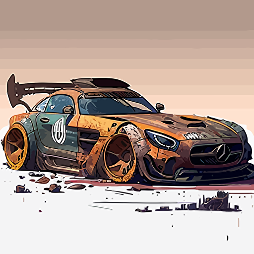 2016 Mercedes-AMG GT3, rebuilt with junk yard parts, mismatched body panels, a little rusty, celshading, Borderlands style, comic book style, vector image