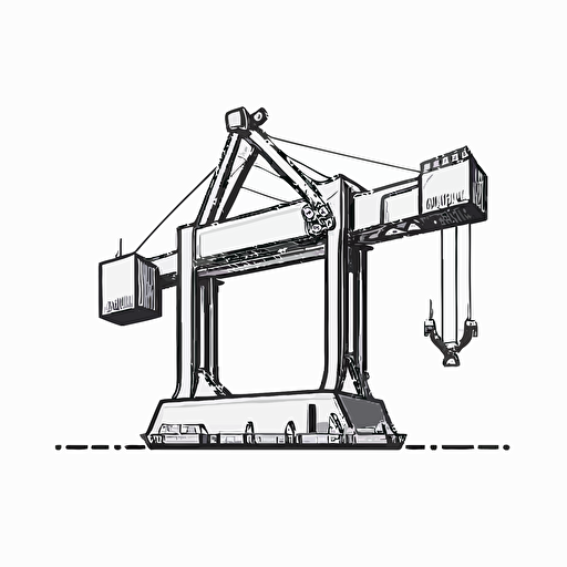 block print style illustration, small portal crane, white background, vector, minimalism, sea container, minimalism, logo, one line, few elements