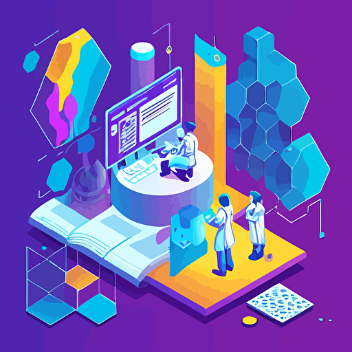 isometric vector illustration with a beautuful bright gradient blue purple gold color palette. Several human scientists are performing various image annotation tasks, consulting metrics and analytics, creating regions of interst on a computer