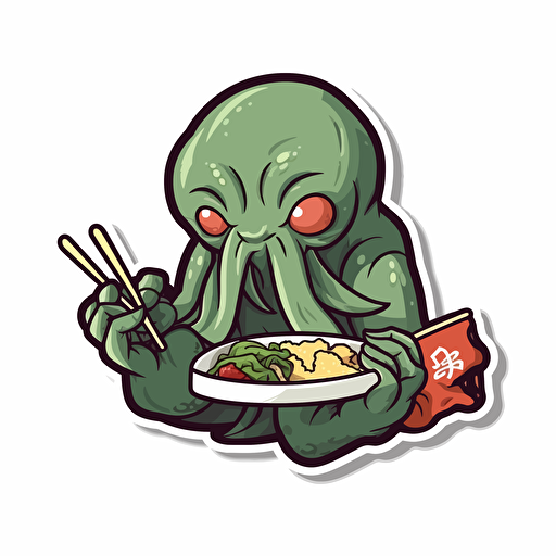 cthulhu eating sushi, sticker, cartoon style, vector, White background,