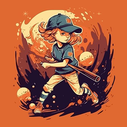 Vector illustration of a little girl baseball player hitting a baseball in vivid colors