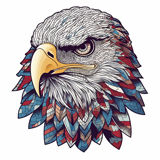Eagle in front of a us flag, cool, american, Sticker, Cute, Sparkly Colors, kinetic art style, Contour, Vector, White Background, Detailed